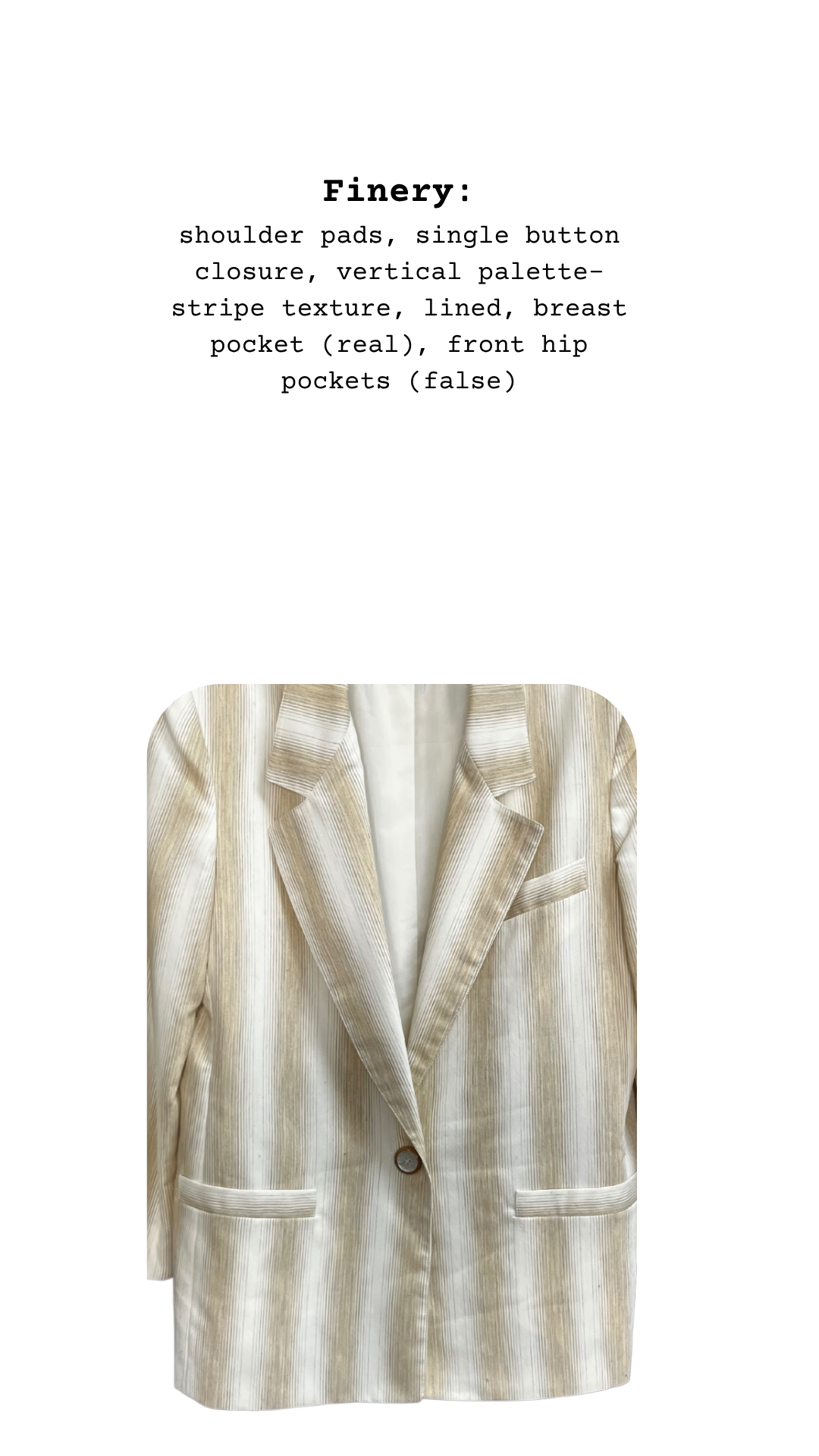 Close-up of the vintage striped blazer highlighting lapel, button, and pocket structure with item features listed.
