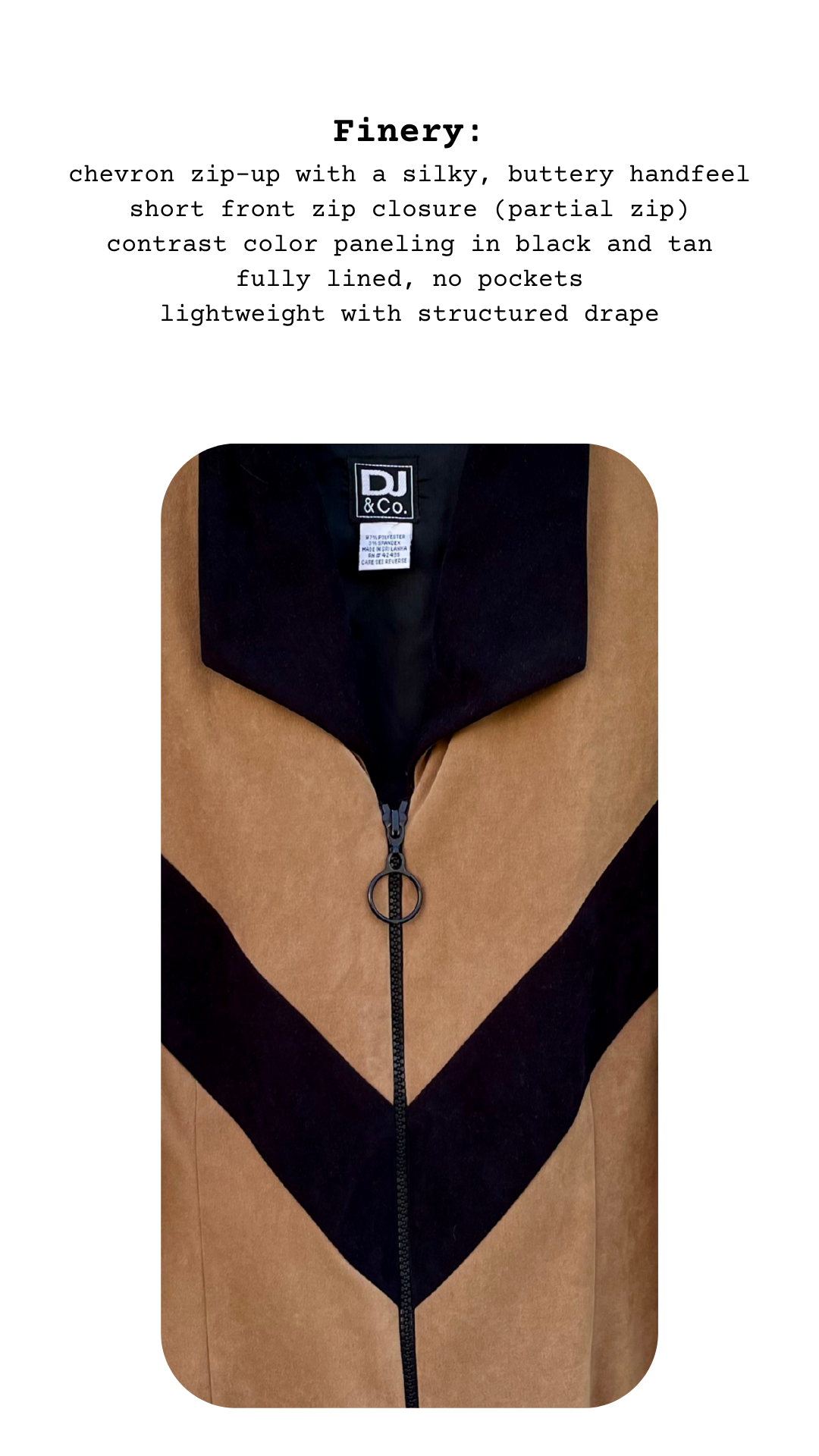 Tan and black chevron zip-up jacket with detailed product description text.