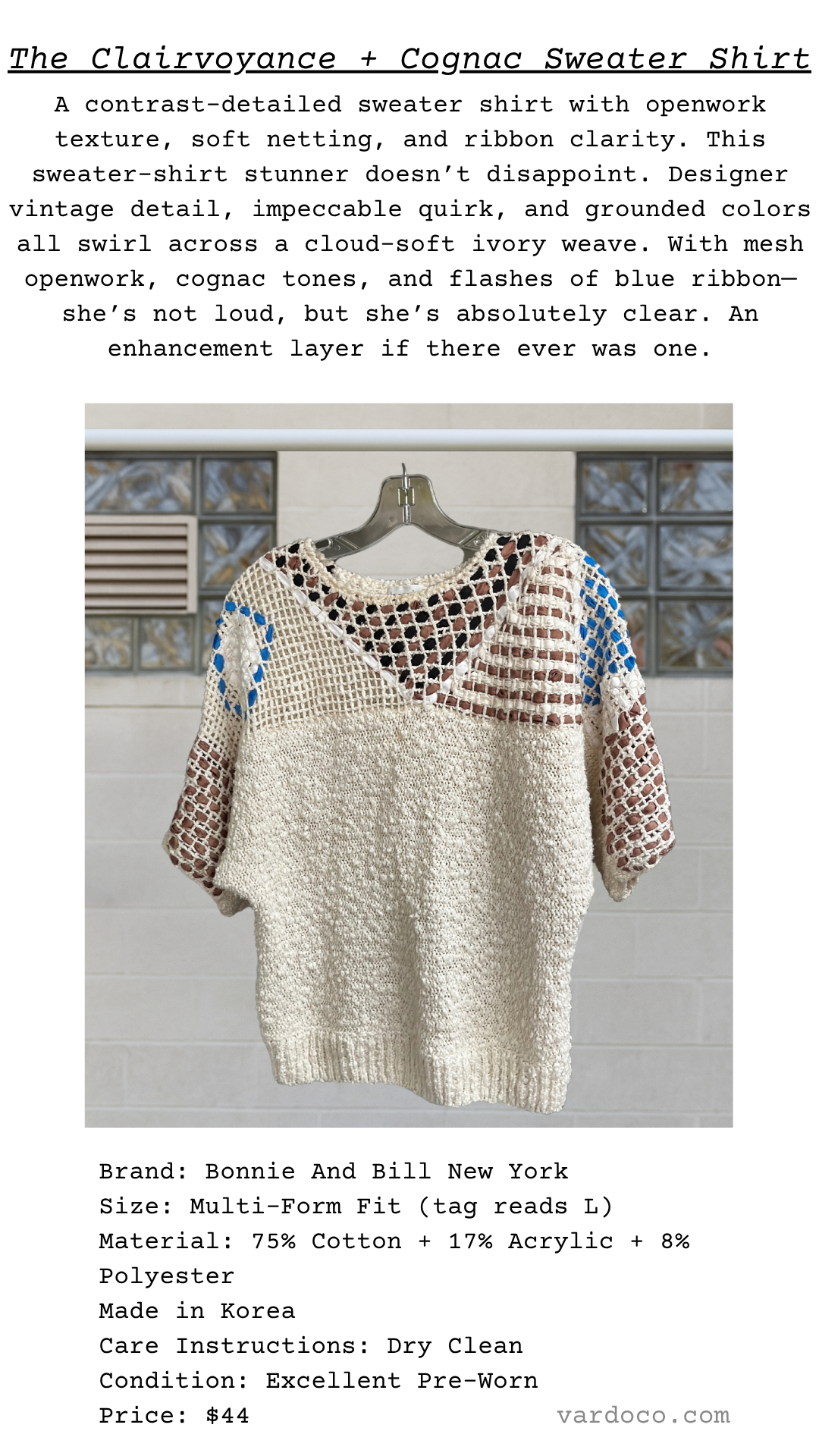 The Clairvoyance + Cognac Sweater Shirt with poetic description and product details beneath the main image.
