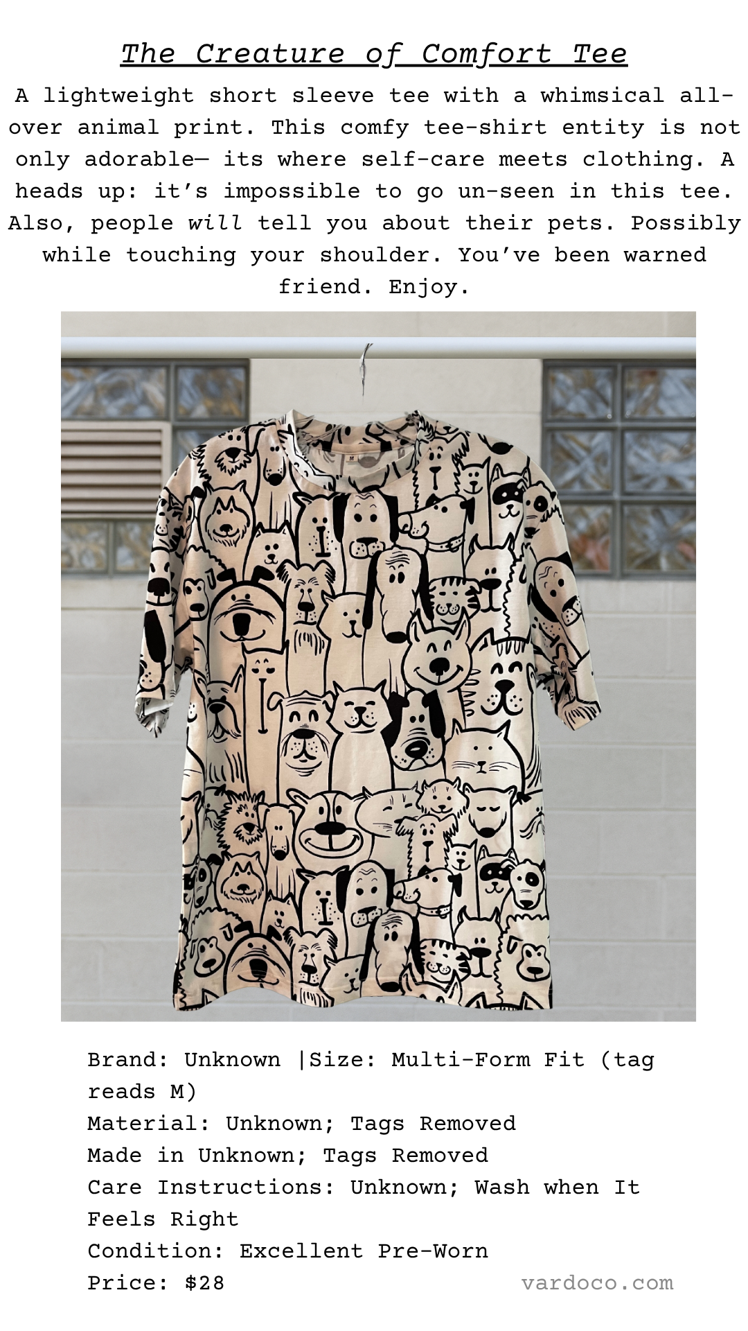 T-shirt titled “The Creature of Comfort Tee” described as a self-care favorite with pet-drawing charm and lightweight softness.
