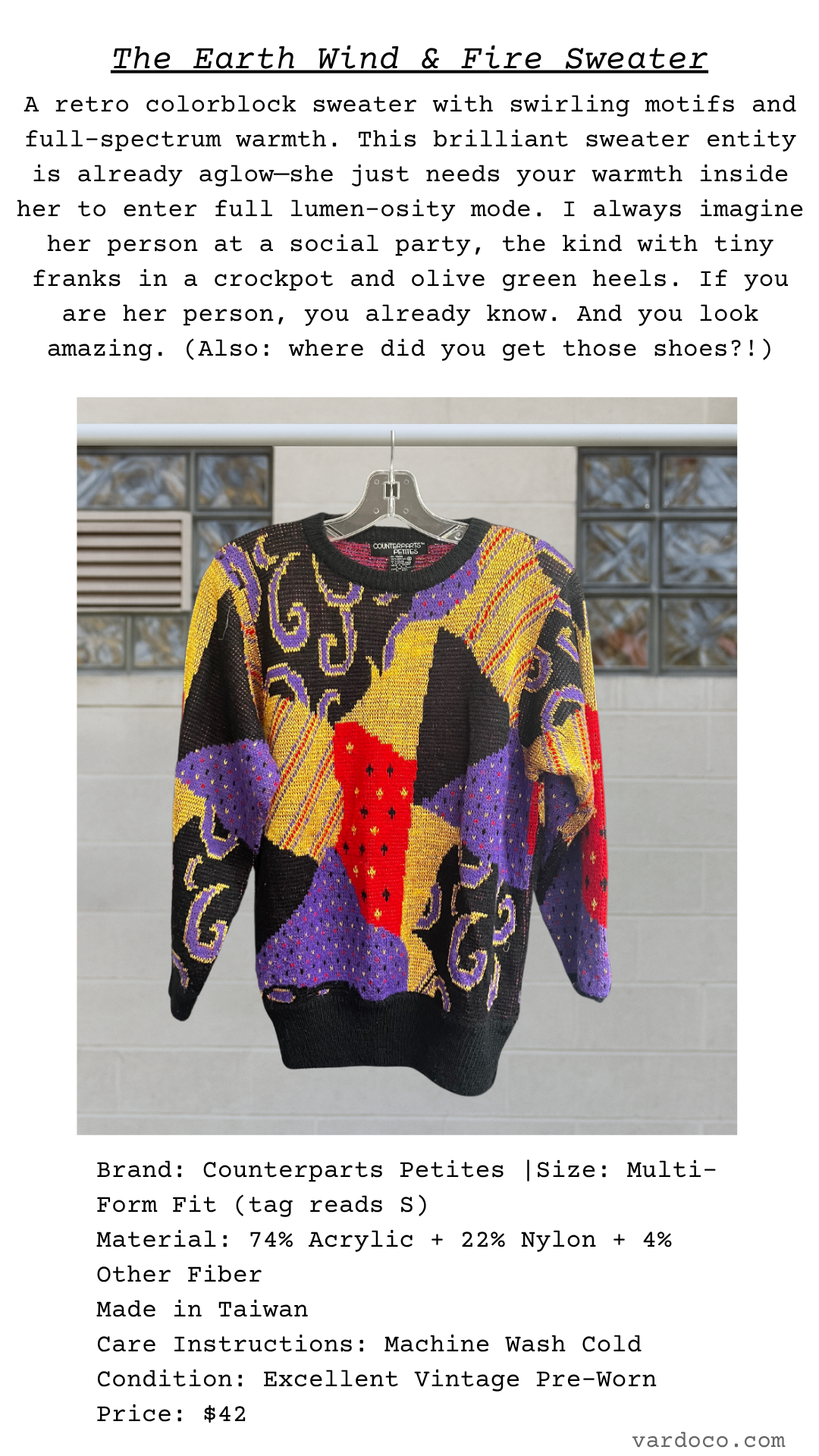 The Earth Wind & Fire Sweater with poetic description and full details below the image.
