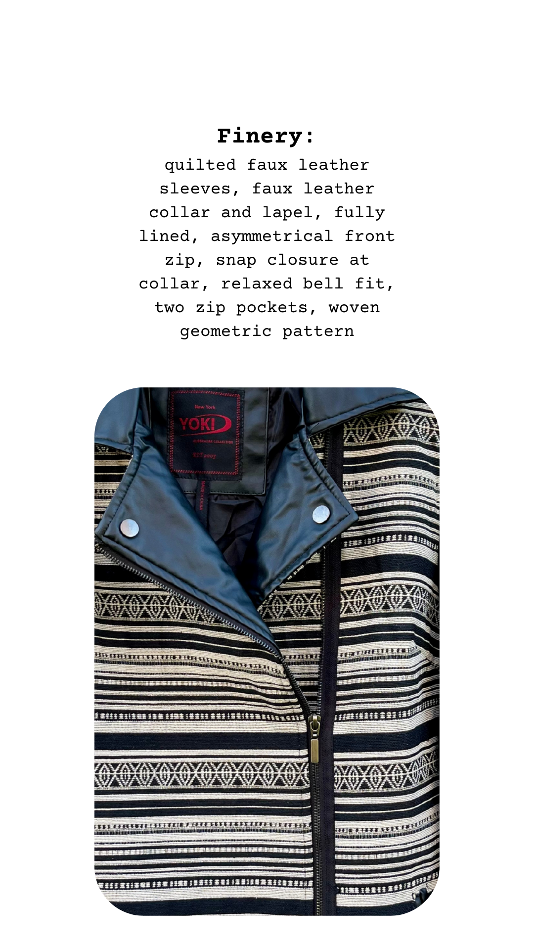 Close-up of The Edge Walker Jacket’s quilted faux leather collar and geometric woven pattern in black and cream.
