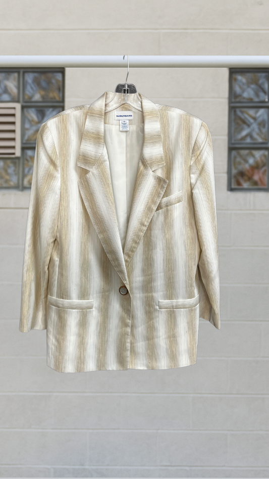 Striped blazer in beige, cream, and brown tones with embellished single front button. Displayed on hanger.