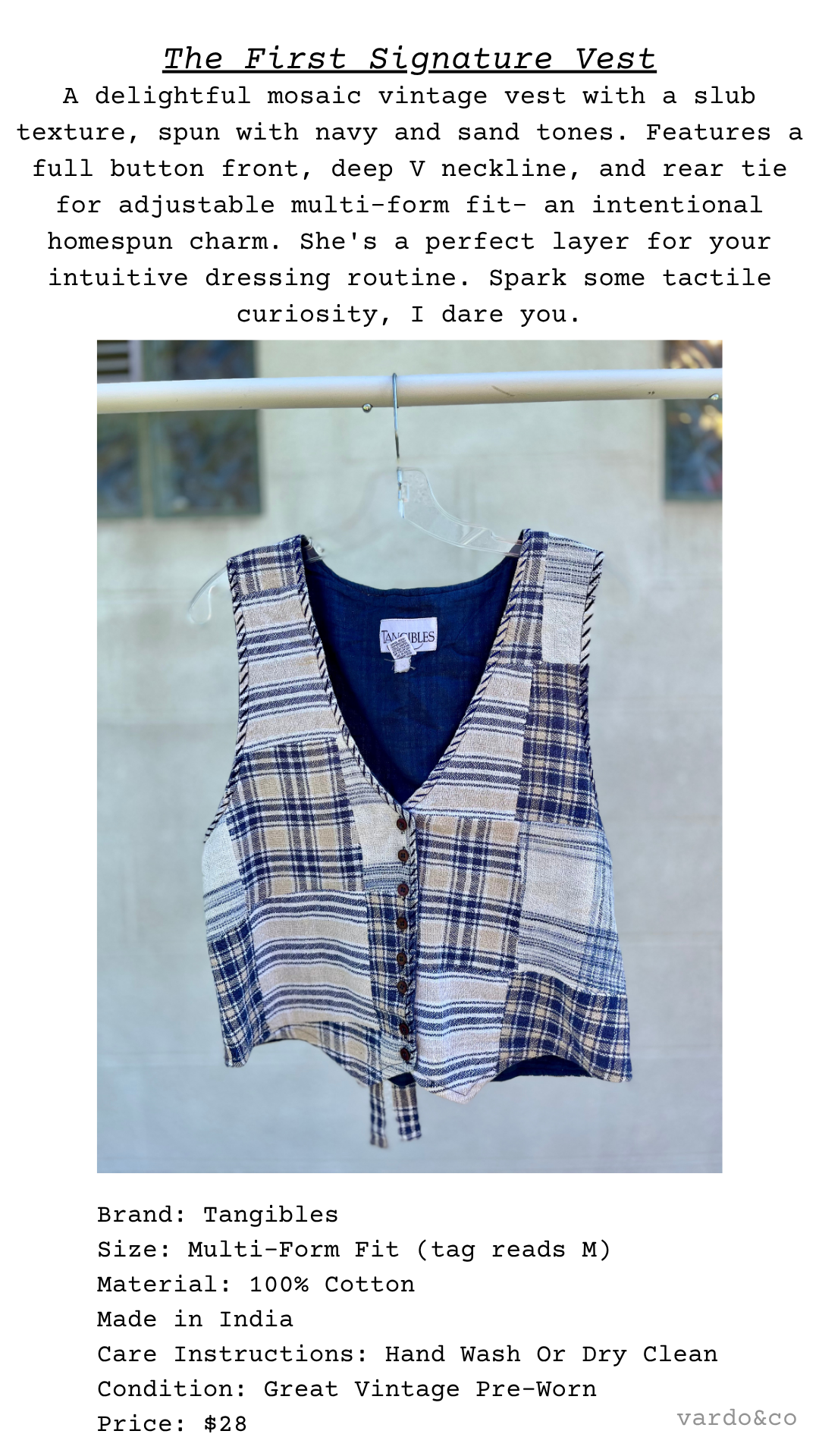 Garment card for The First Signature Vest with plaid patchwork design and button front
