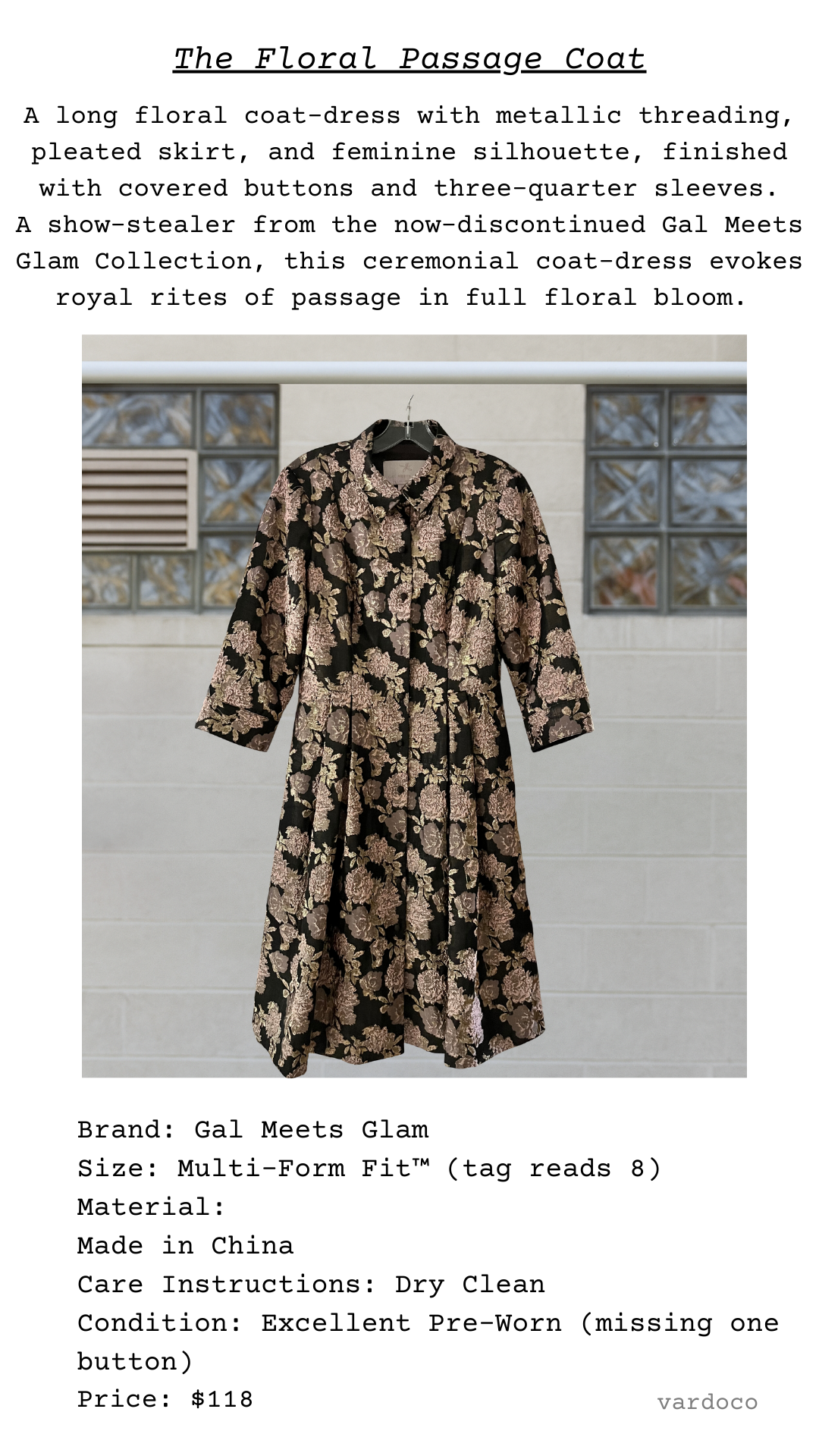 The Floral Passage Coat with vintage-inspired silhouette, pleated skirt, and metallic floral threading in gold and mauve.
