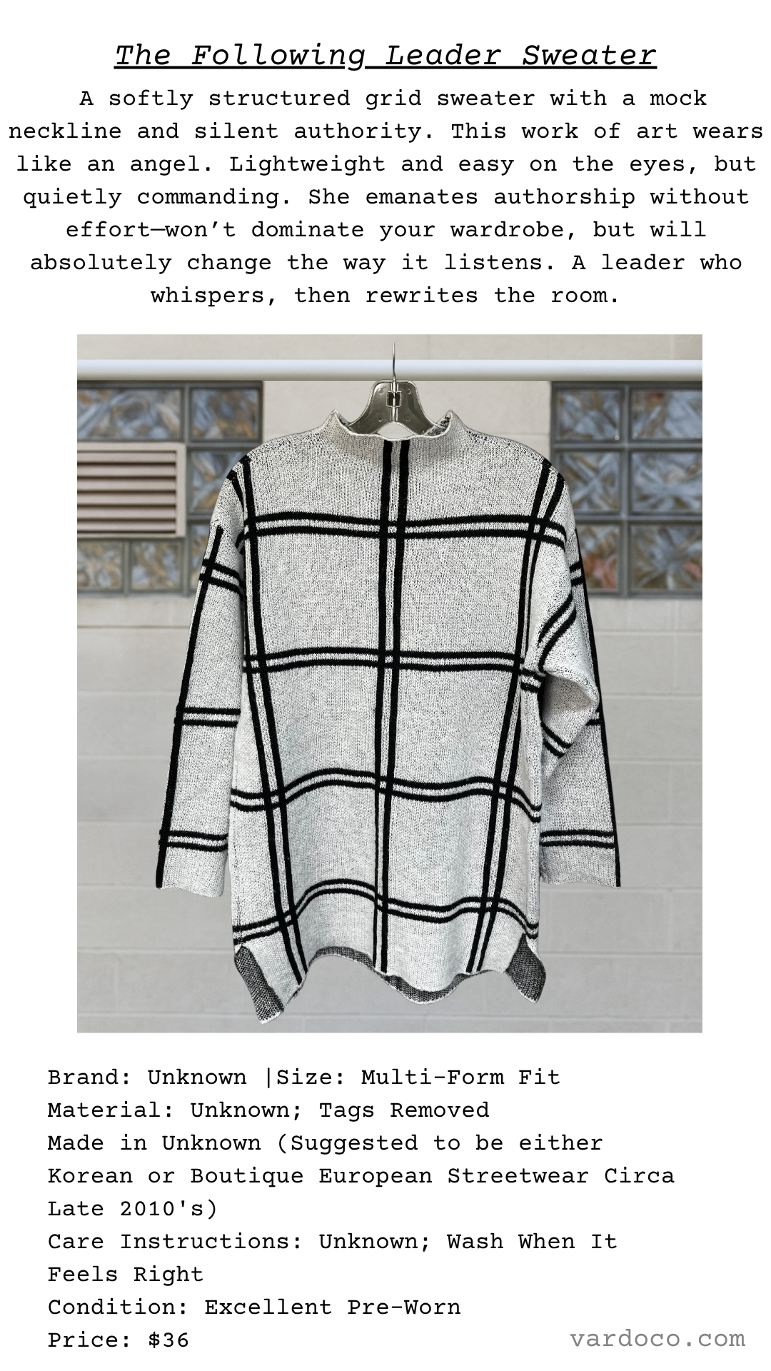 The Following Leader Sweater with poetic description and full details shown below.

