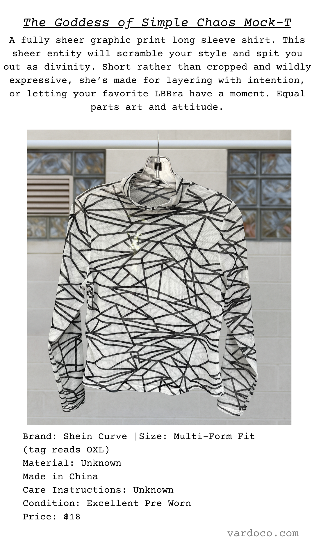 A poetic card for a sheer graphic long sleeve mock-T with abstract linear design
