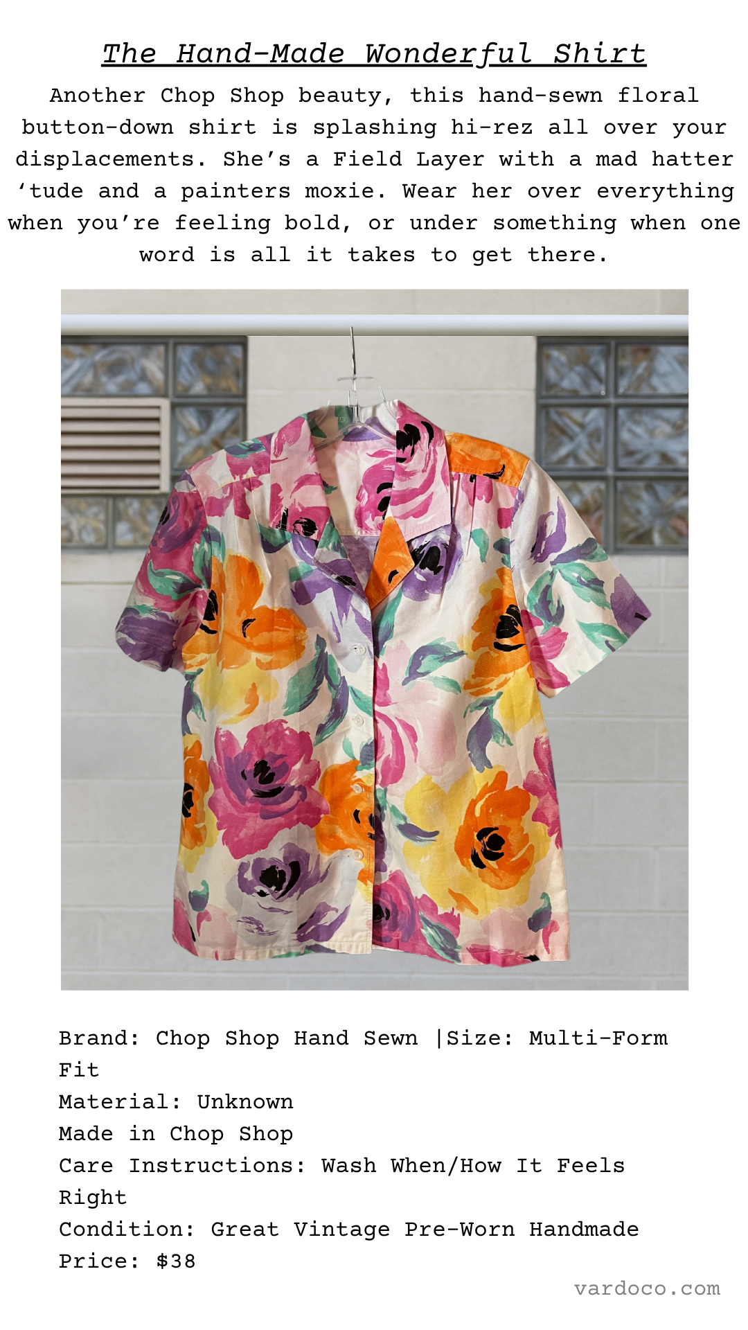 Shirt titled “The Hand-Made Wonderful Shirt” with description highlighting its floral pattern, handmade energy, and painter-like personality.
