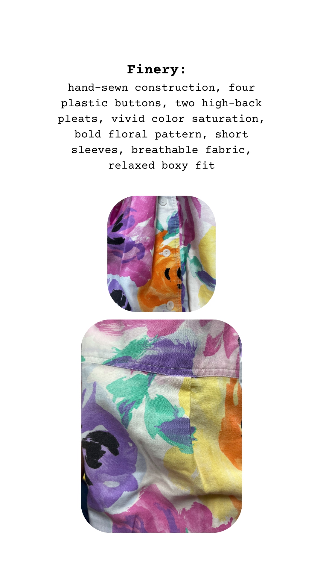 Colorful floral-patterned product with text describing its features on a white background