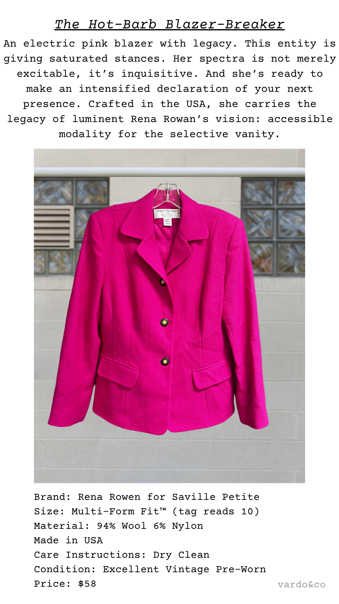 Hot-pink blazer on a hanger with product description text overlay