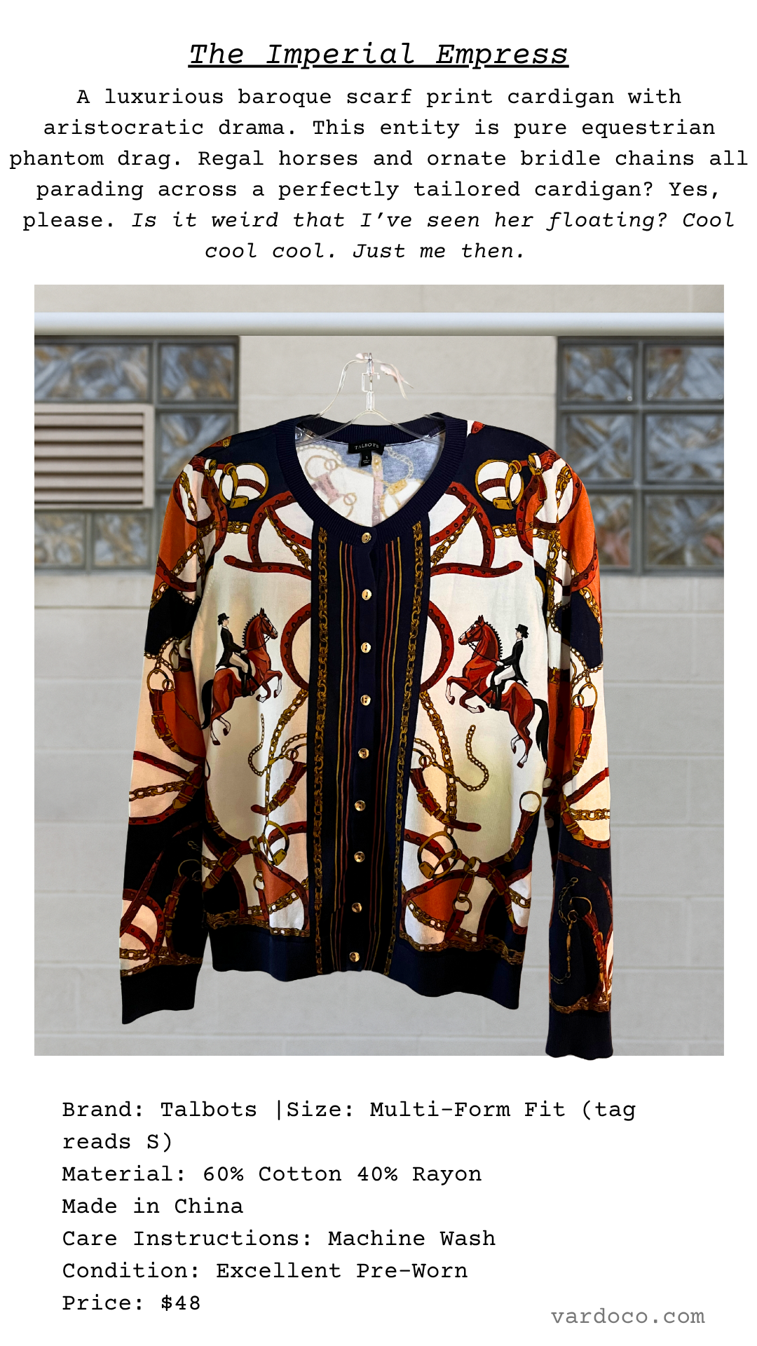 Cardigan titled “The Imperial Empress” with description emphasizing its royal baroque design and equestrian flair.
