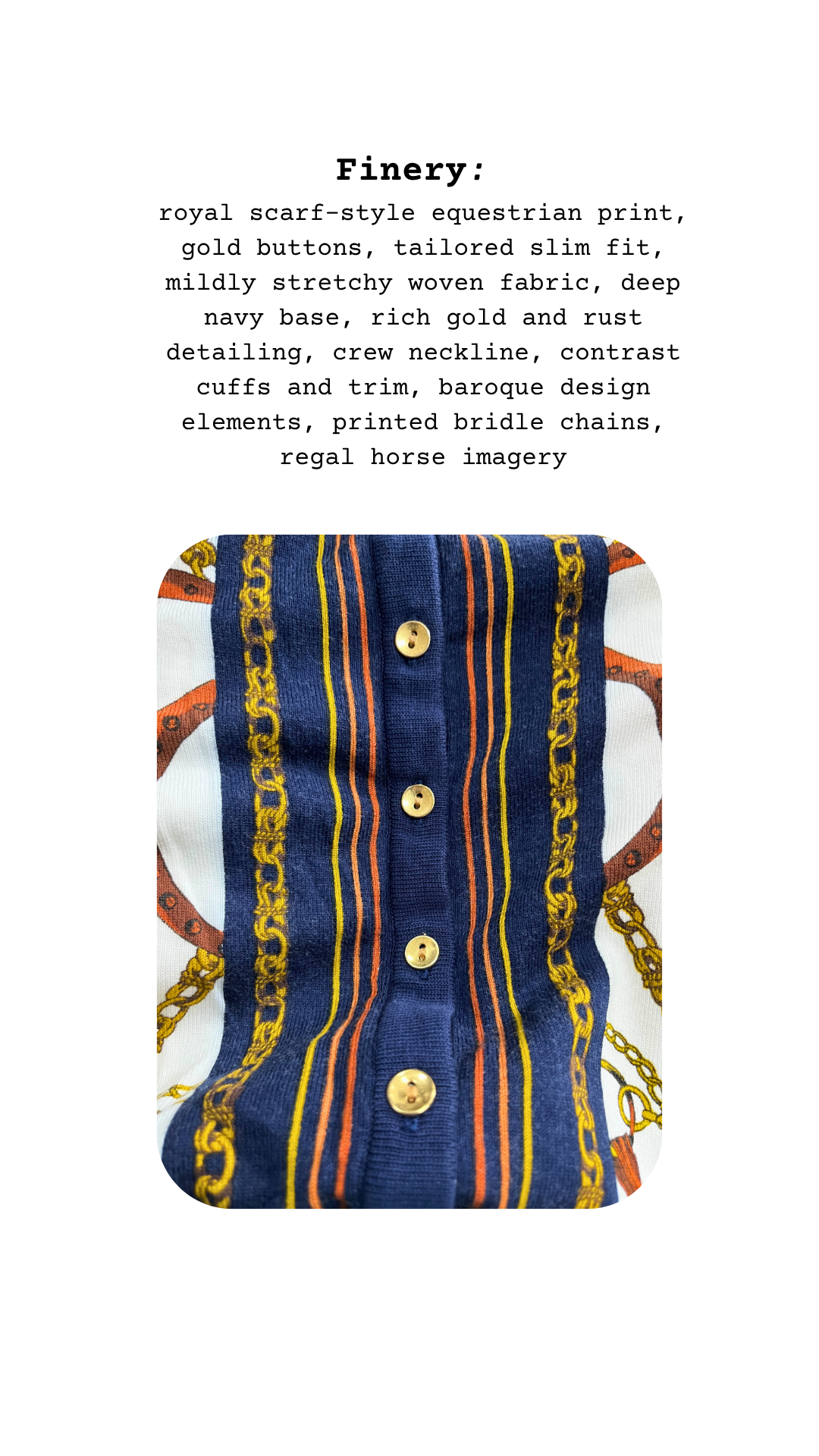 Text description of a garment with equestrian print, gold buttons, and baroque design elements on a white background.