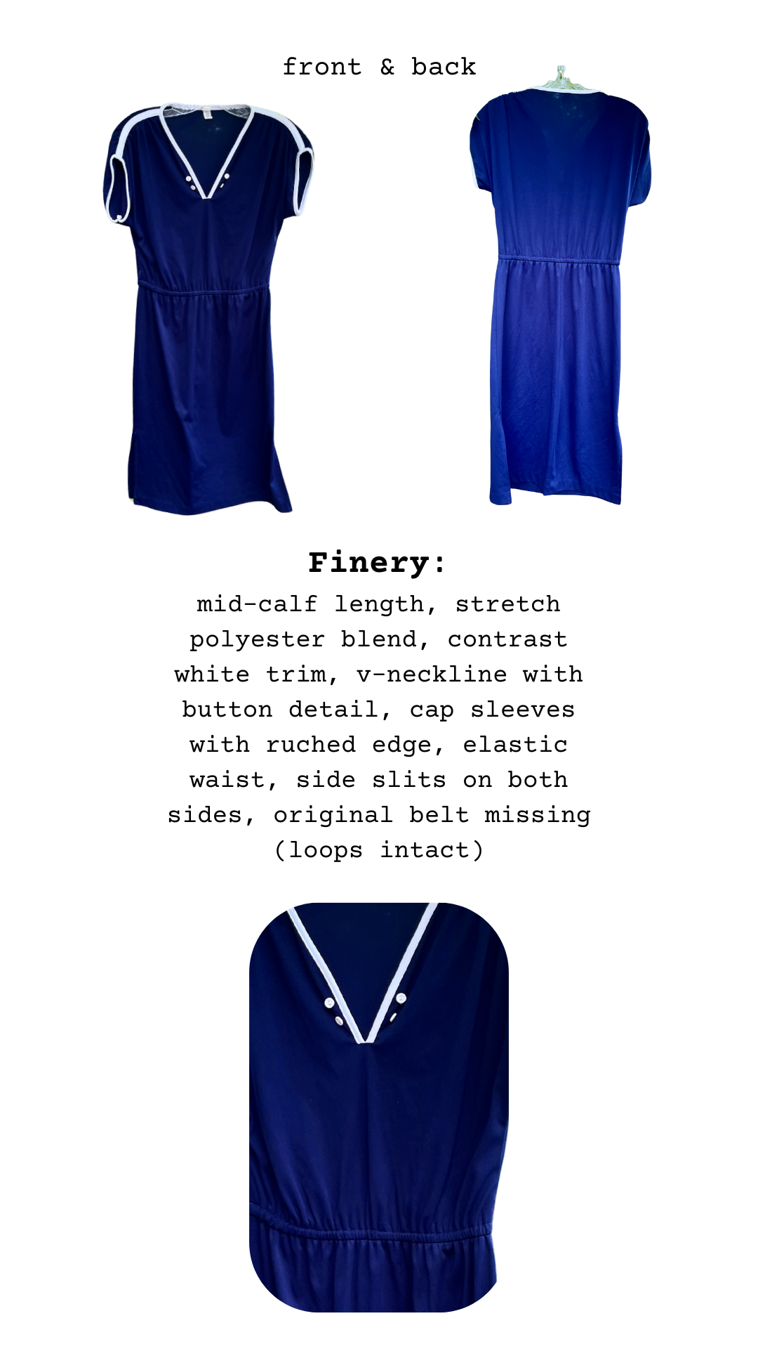 Close-up of the neckline showing white contrast trim and button detail on deep navy fabric, paired with a list of features.