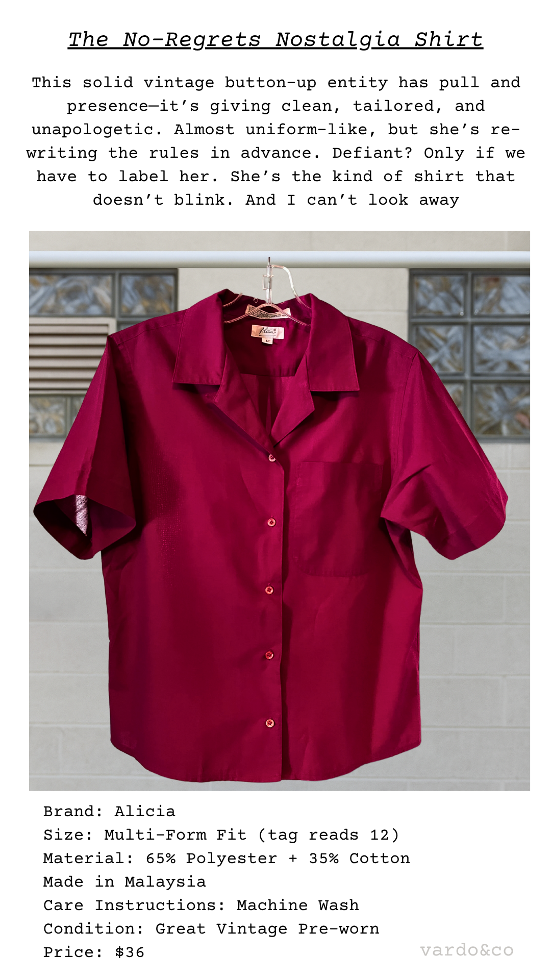 Solid vintage button-up shirt in deep crimson with soft sheen, boxy shape, and sharp collar