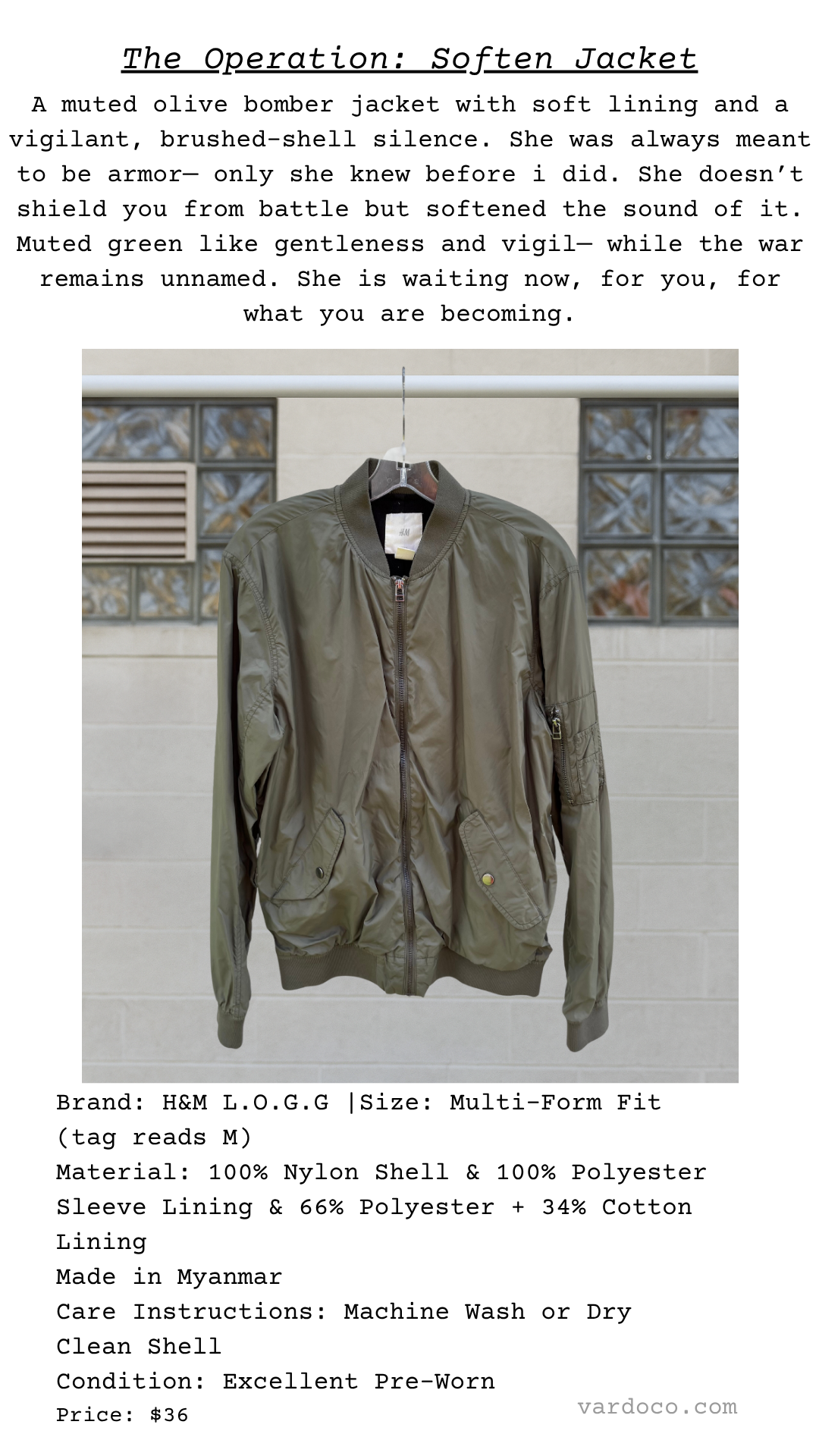 Green bomber jacket on a hanger with text and product details.