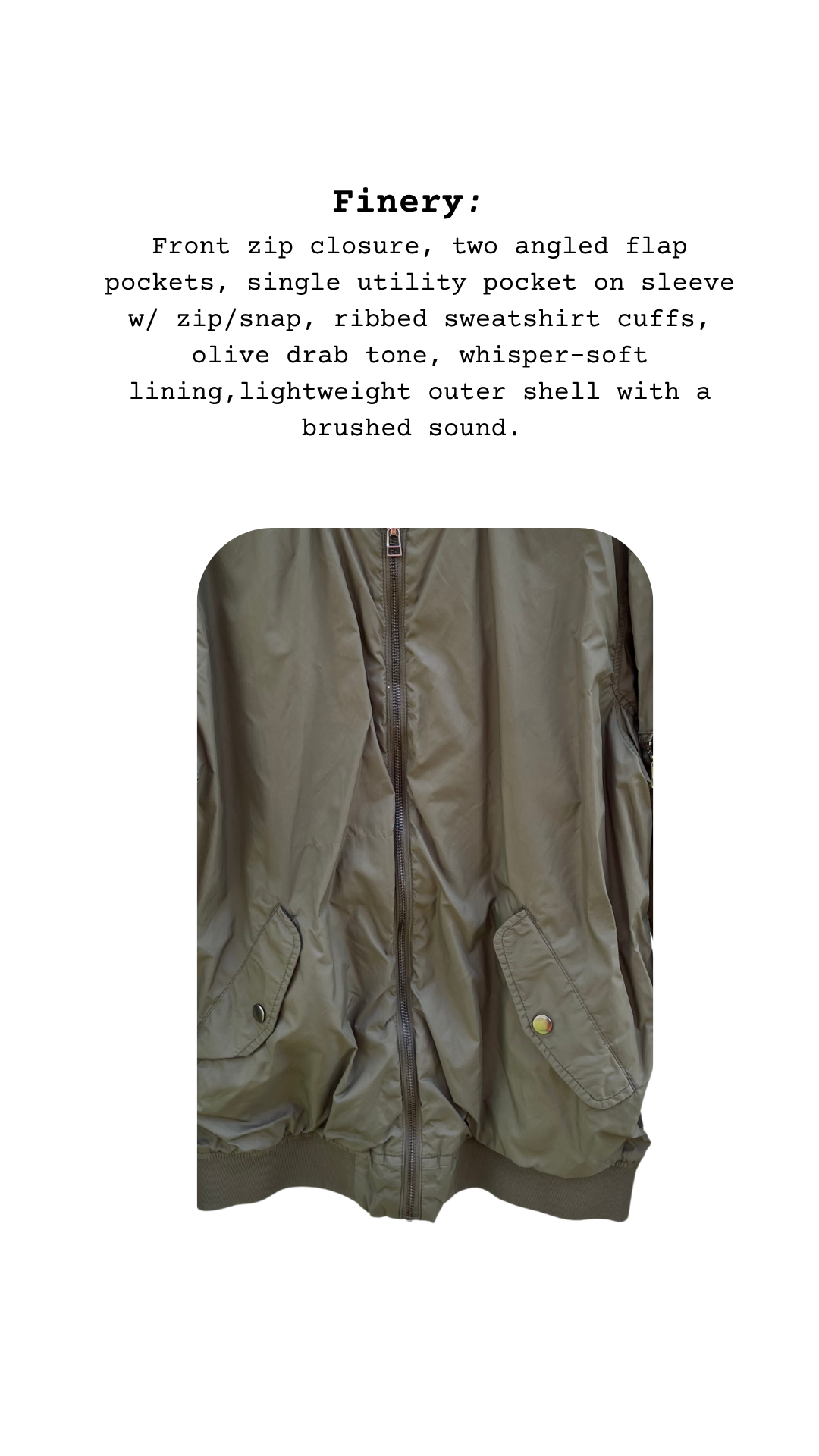 Green jacket with text describing features on a white background