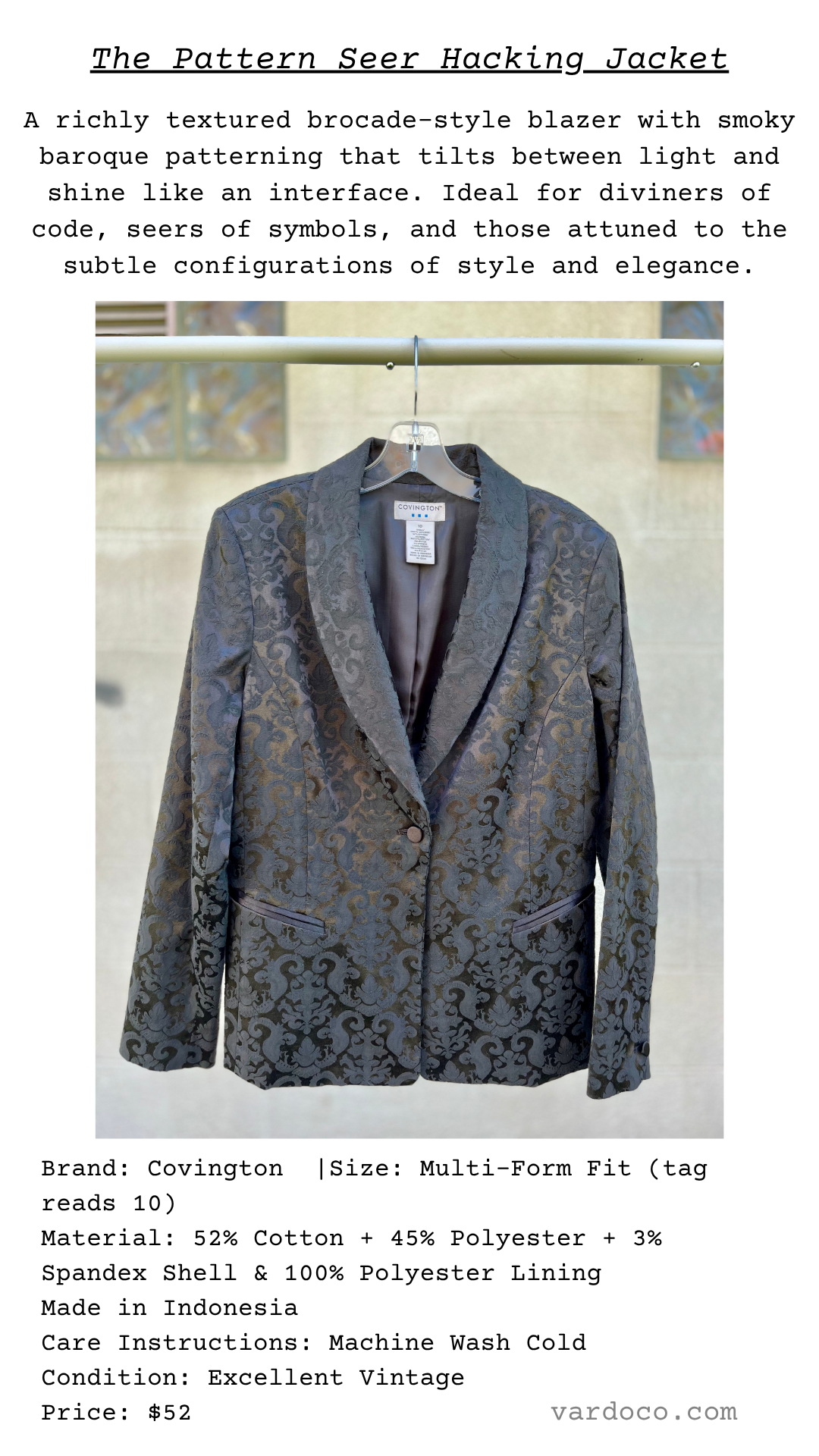 The Pattern Seer Hacking Jacket with poetic description and garment details displayed below.

