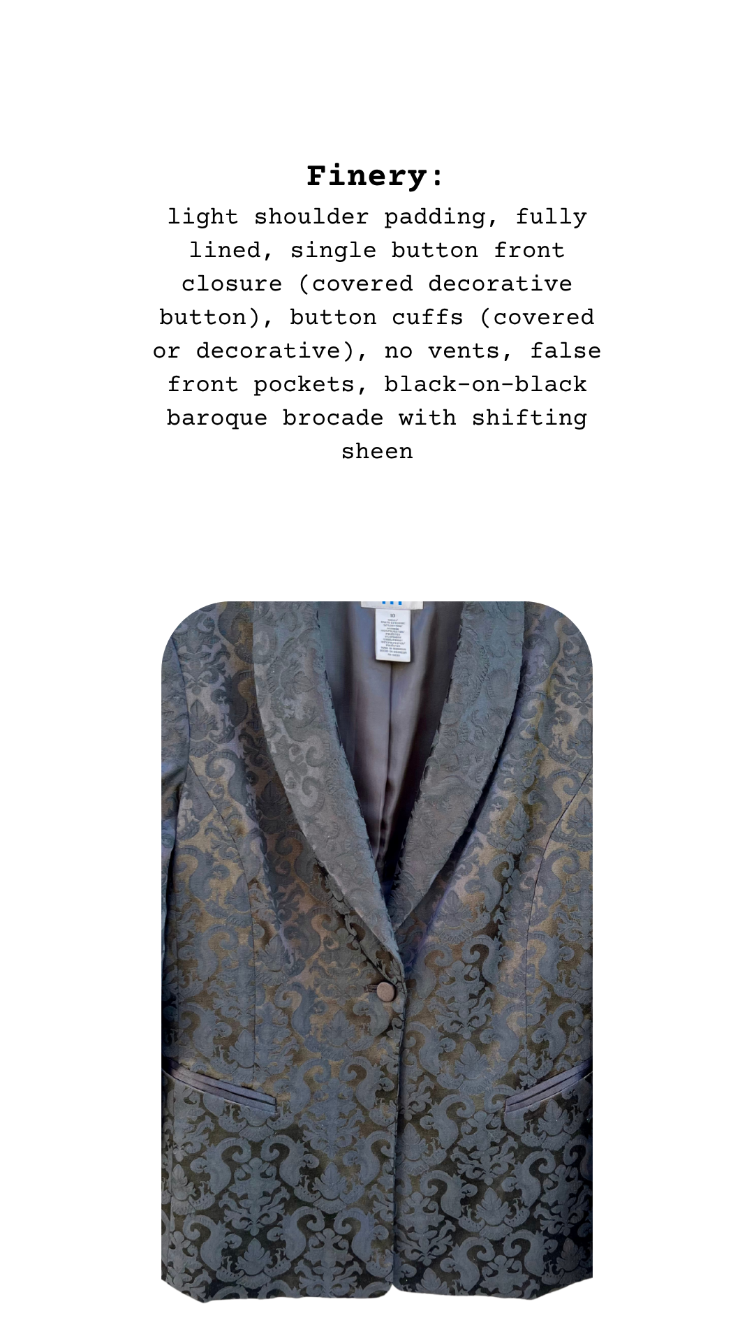 Close-up view of black brocade jacket showing sheen, lapel, and pocket detailing alongside listed features.
