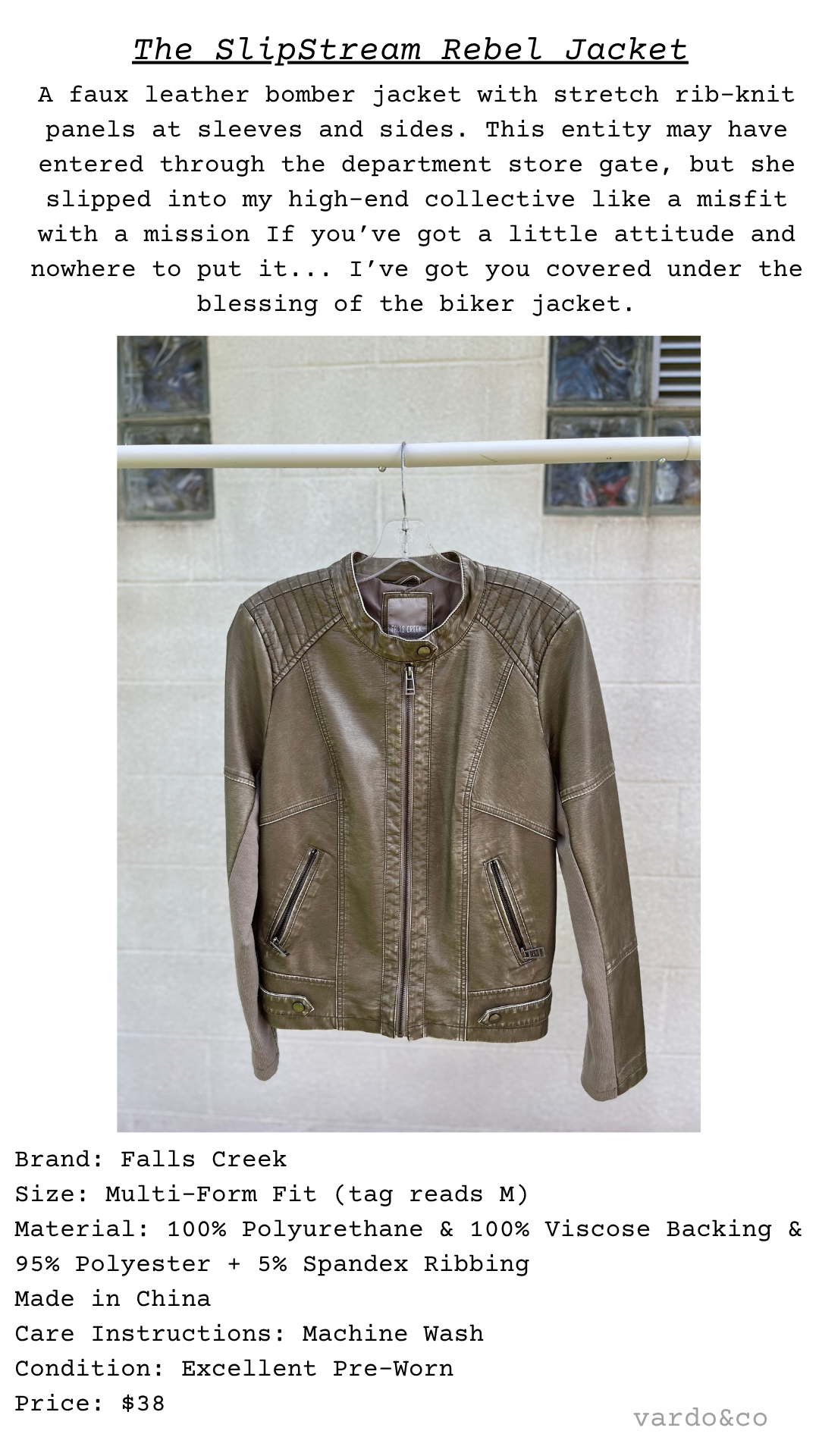 Garment card for the SlipStream Rebel Jacket with description and material details displayed