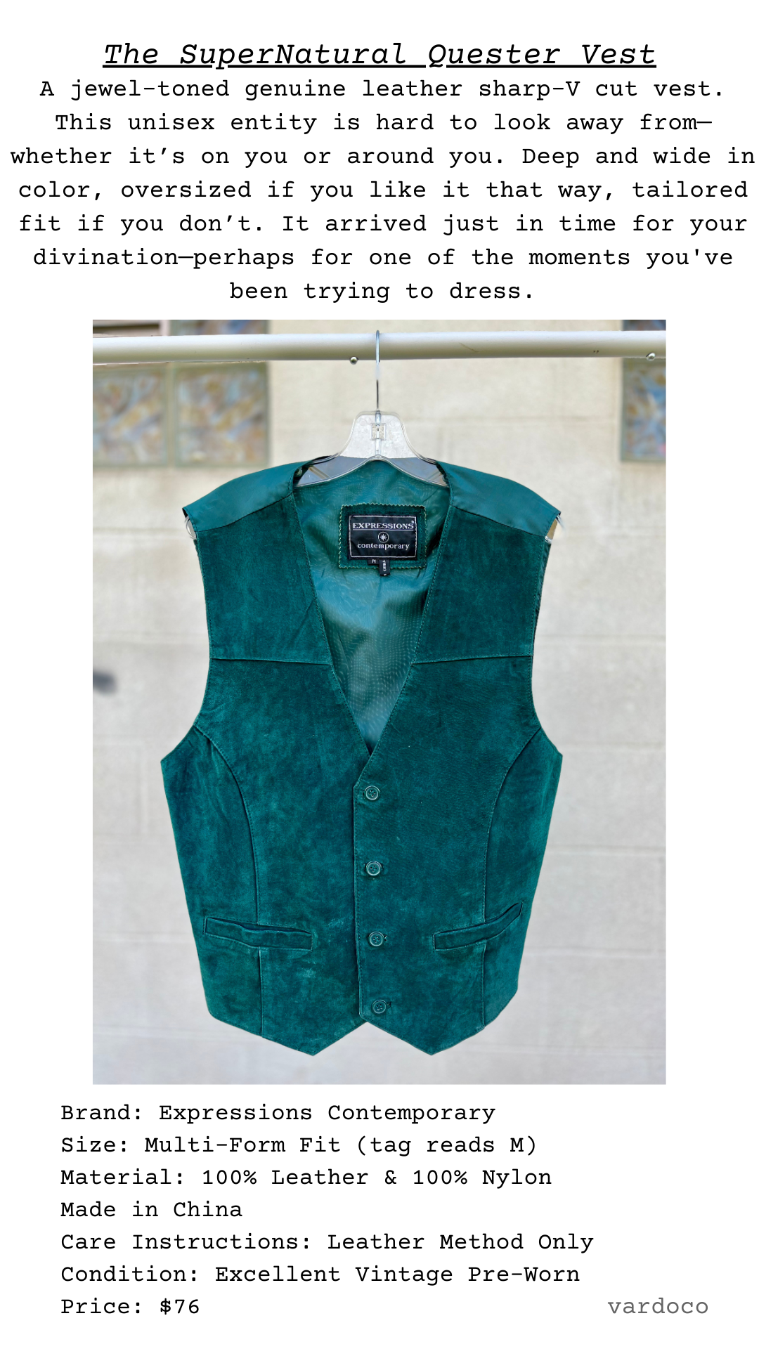 Teal leather vest on a hanger with text describing the product.