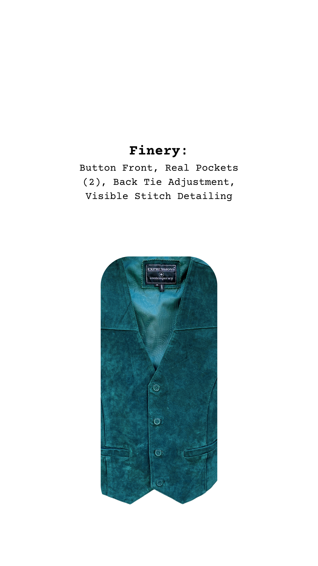 Teal leather vest close up with visible stitch detailing on a white background