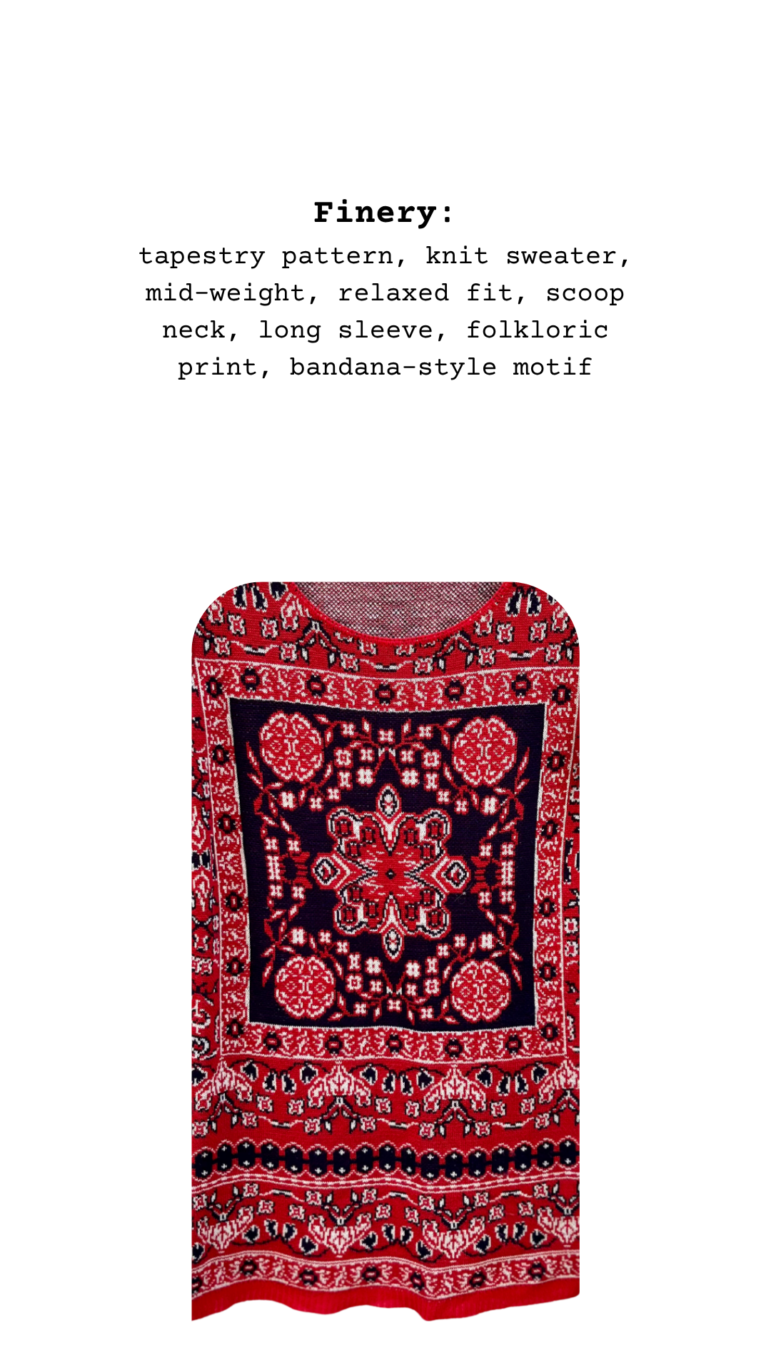 Close-up of knit sweater showing red and navy tapestry motif and neckline detail, with feature list above.
