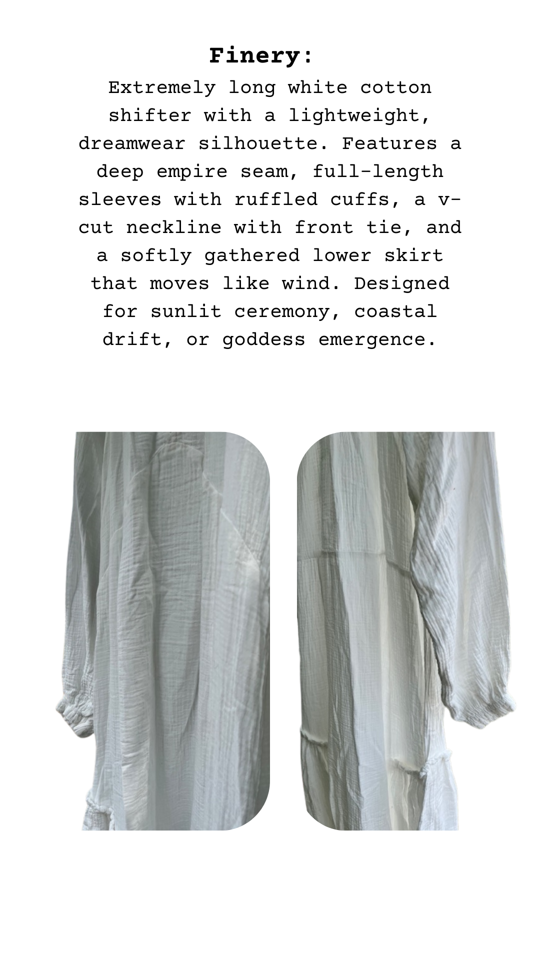 Close-up views of a gauzy white cotton sleeve and lower skirt panels showing subtle texture and drape of the fabric.