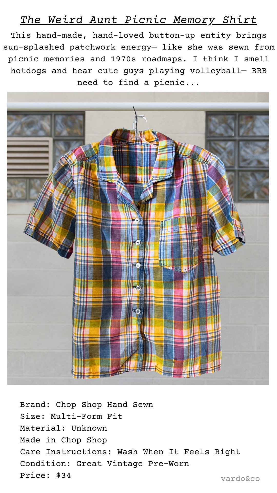 Plaid shirt on a hanger with text about picnic memories and vintage style.
