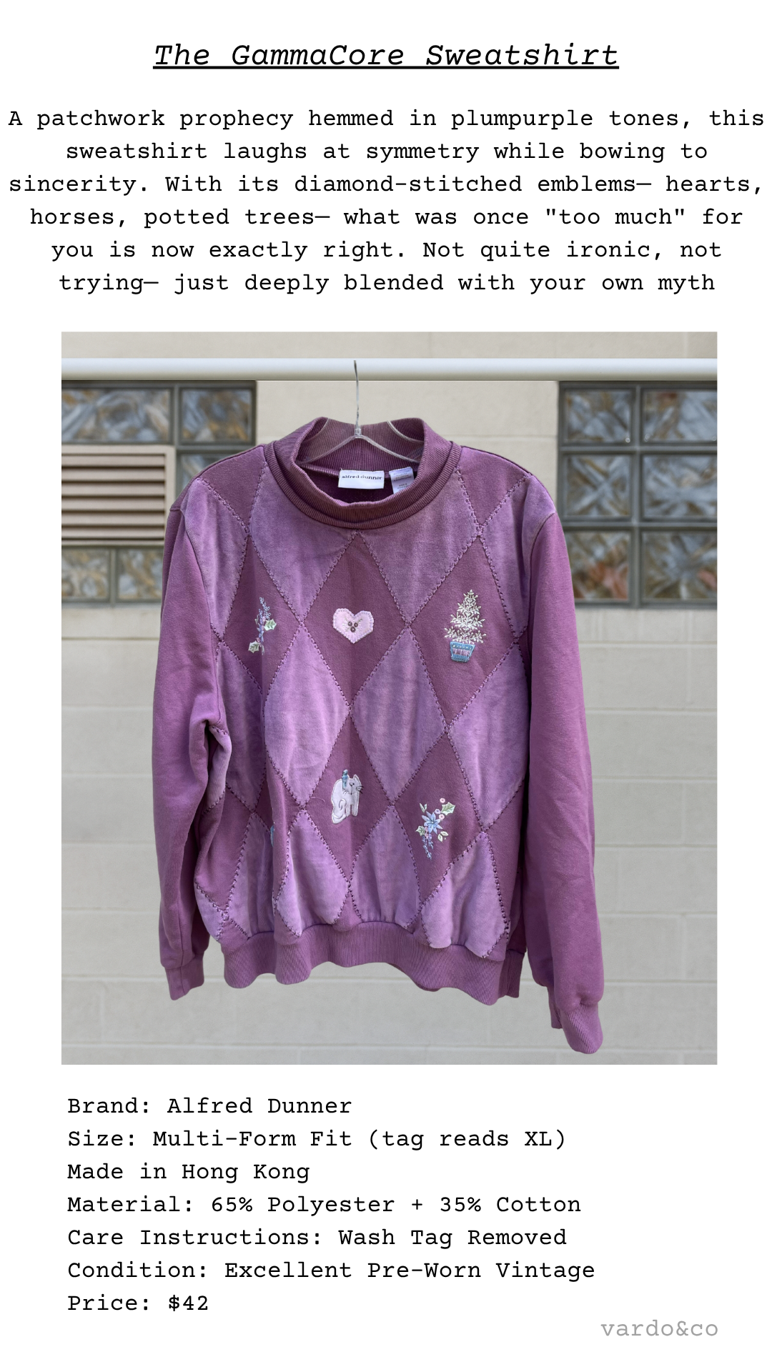 Garment card for The GammaCore Sweatshirt with poetic description and frontal image of plum diamond-stitched embroidery.