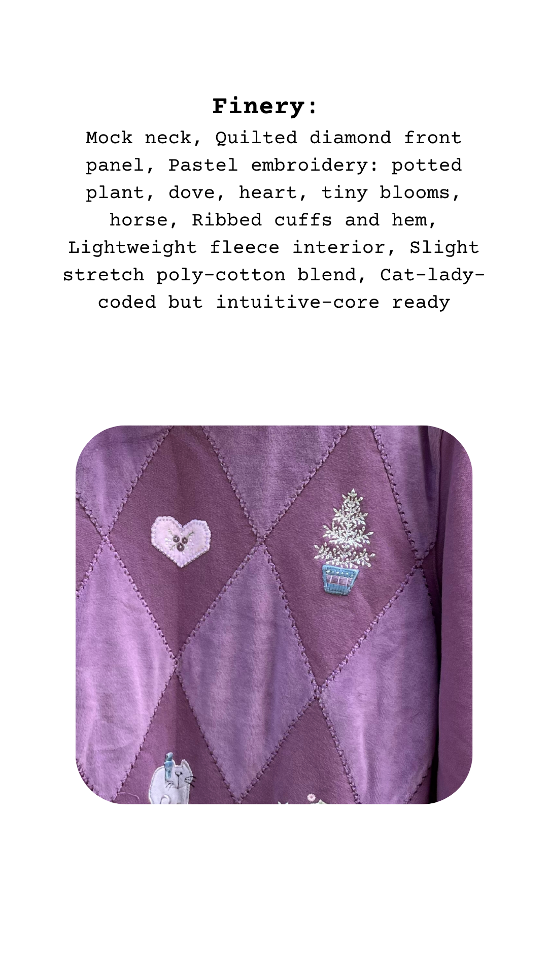 Zoomed-in detail of The GammaCore Sweatshirt showing heart, tree, and white cat embroidered across plum patchwork diamonds.