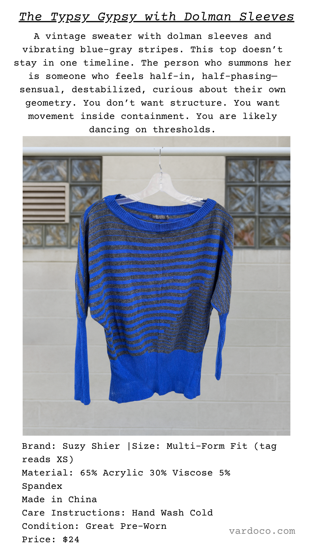 Garment card showing the blue and gray striped sweater hanging from a clear hanger, styled cleanly against block tile. The text describes a threshold-walking wearer and destabilized geometry.

