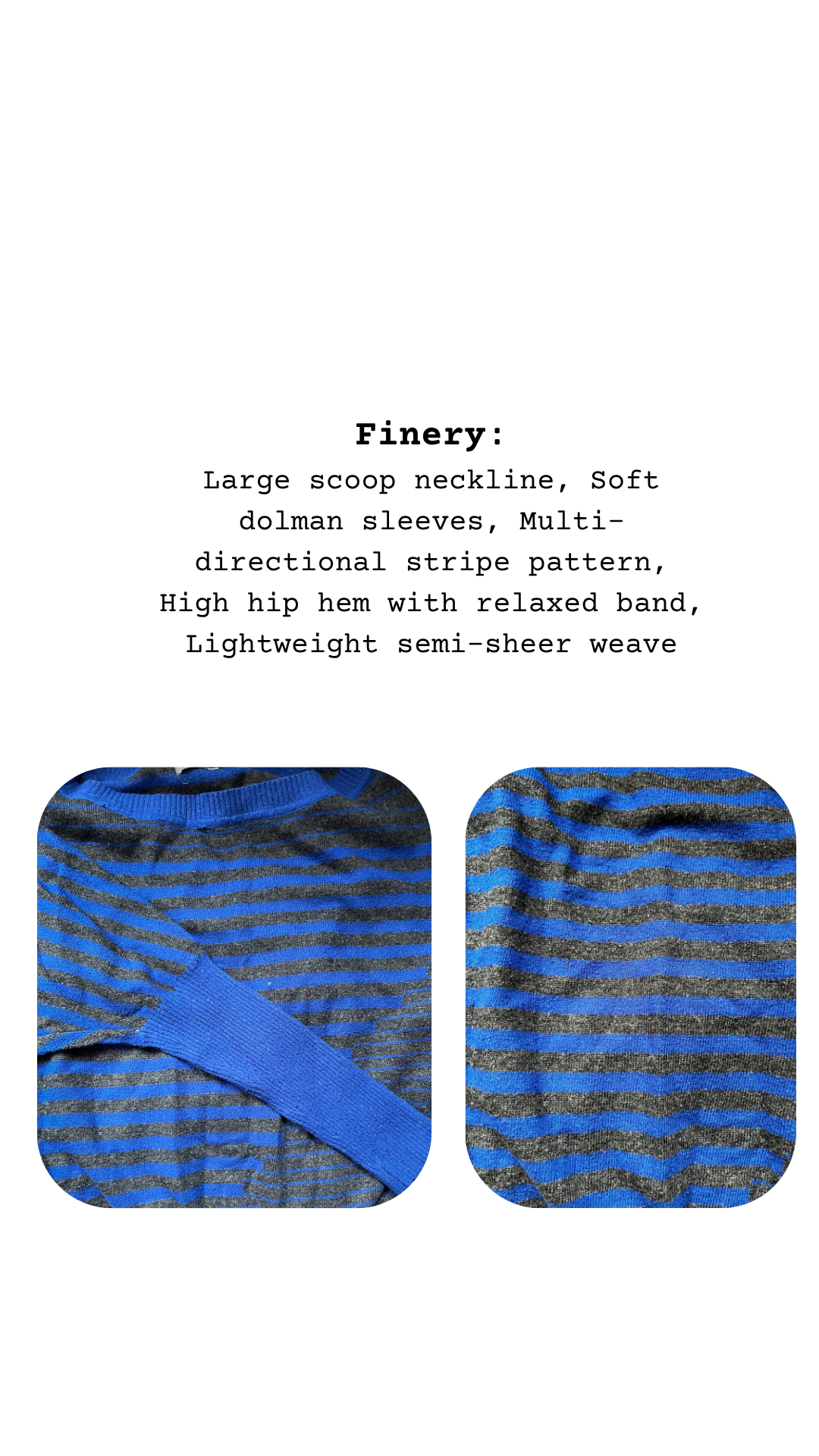 A close-up of the sweater's fabric showing the alternating electric blue and charcoal knit stripes, with texture visible in the semi-sheer weave and ribbed cuff detail.
