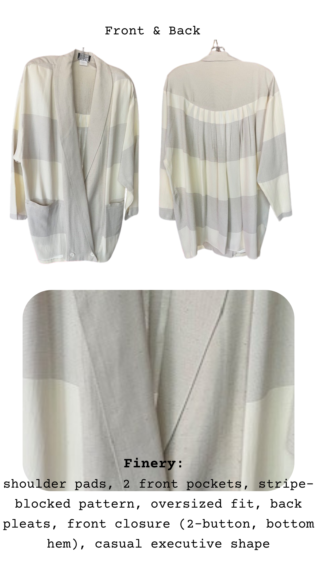 Detail slide showing close-up texture and garment features of a muted stripe-blocked vintage jacket with front buttons, pockets, and shoulder pads labeled as Finery.